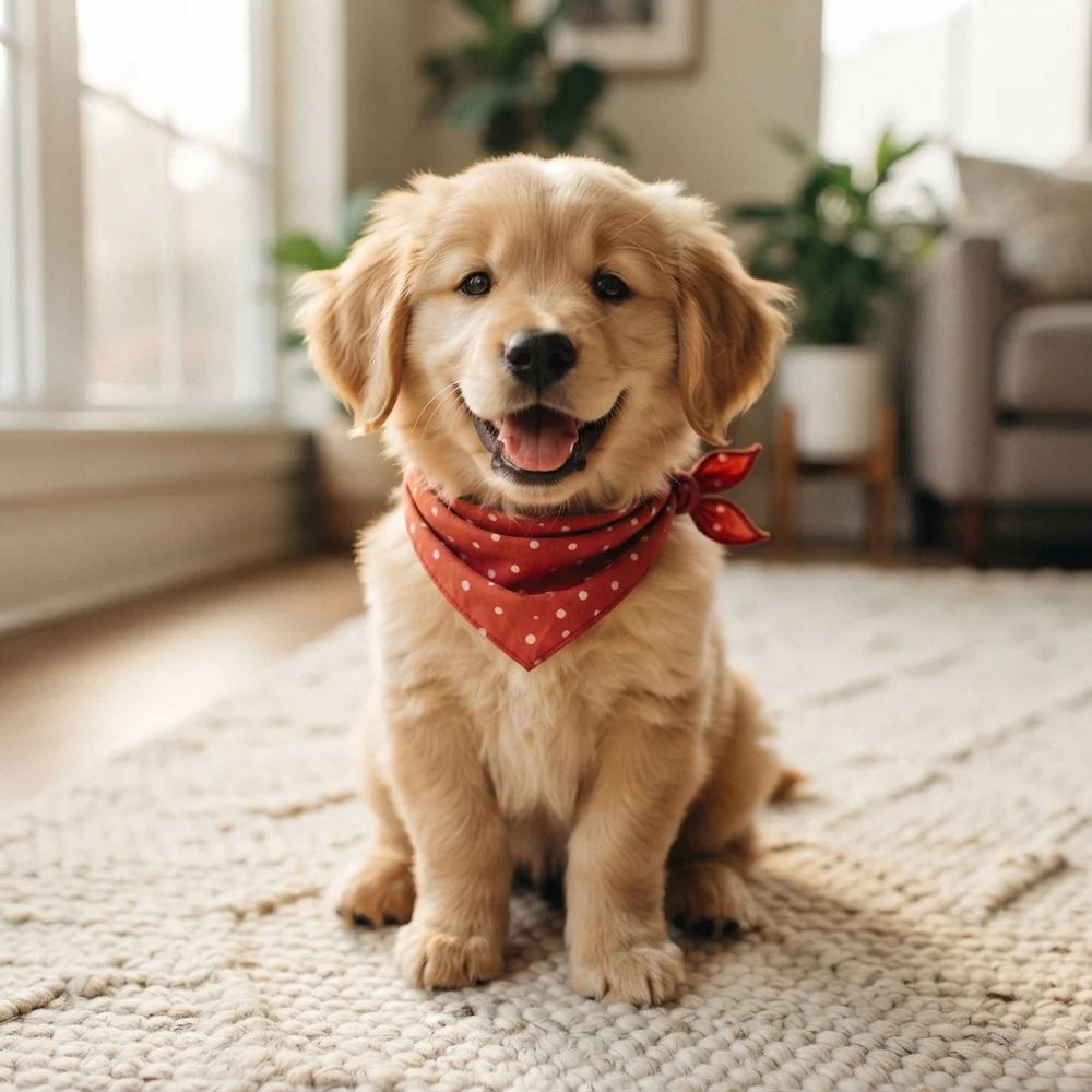 A photo of a golden retriever puppy in a red bandana