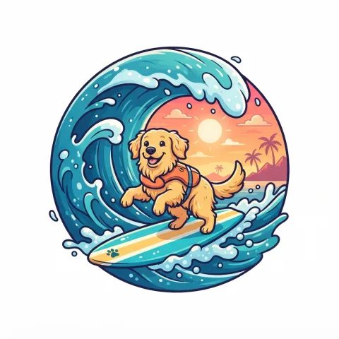 AI artwork of a golden retriever surfing