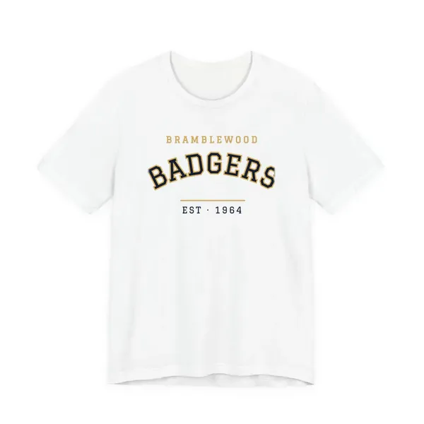 White tee with a school wordmark